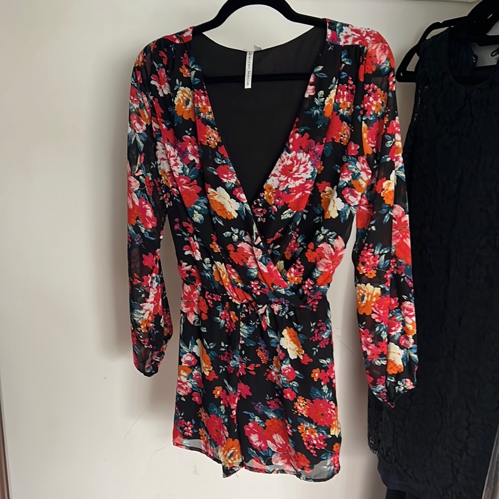 Black red floral romper